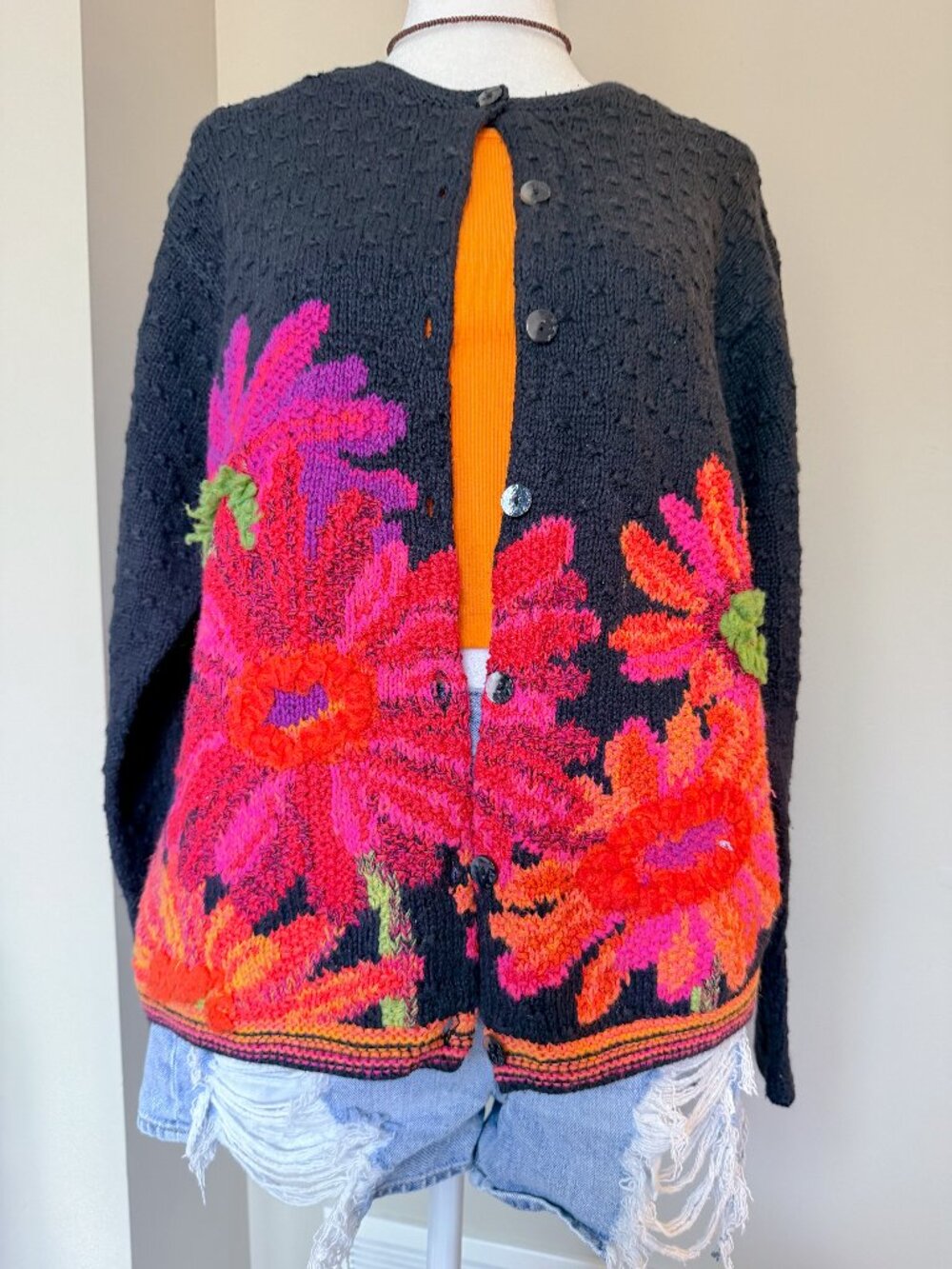 Susan Bristol Black Cardigan Vibrant, Hand-embroidered Flowers-Size M